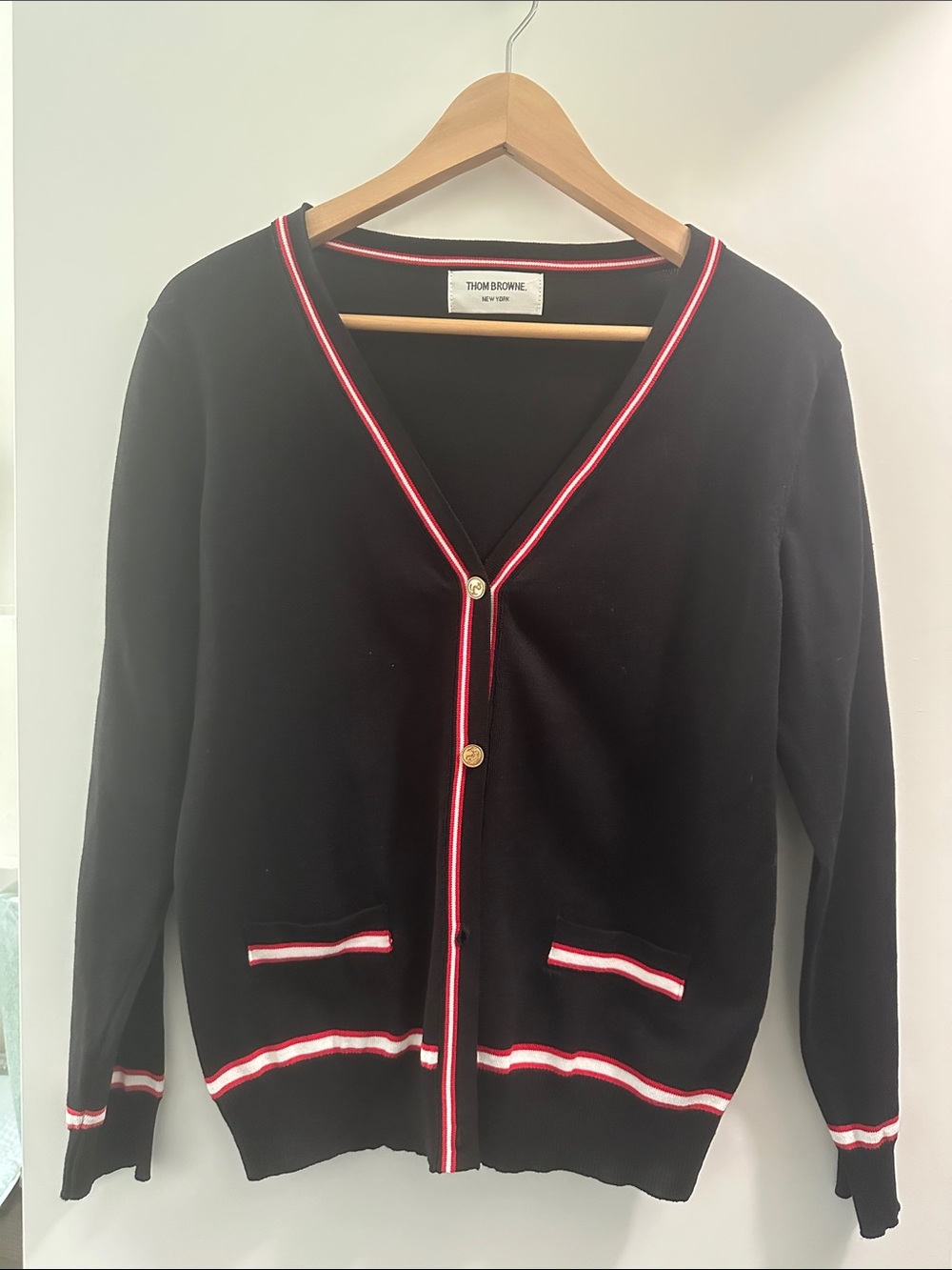 Thom Browne Black Cardigan with Red & White Stripe Trim